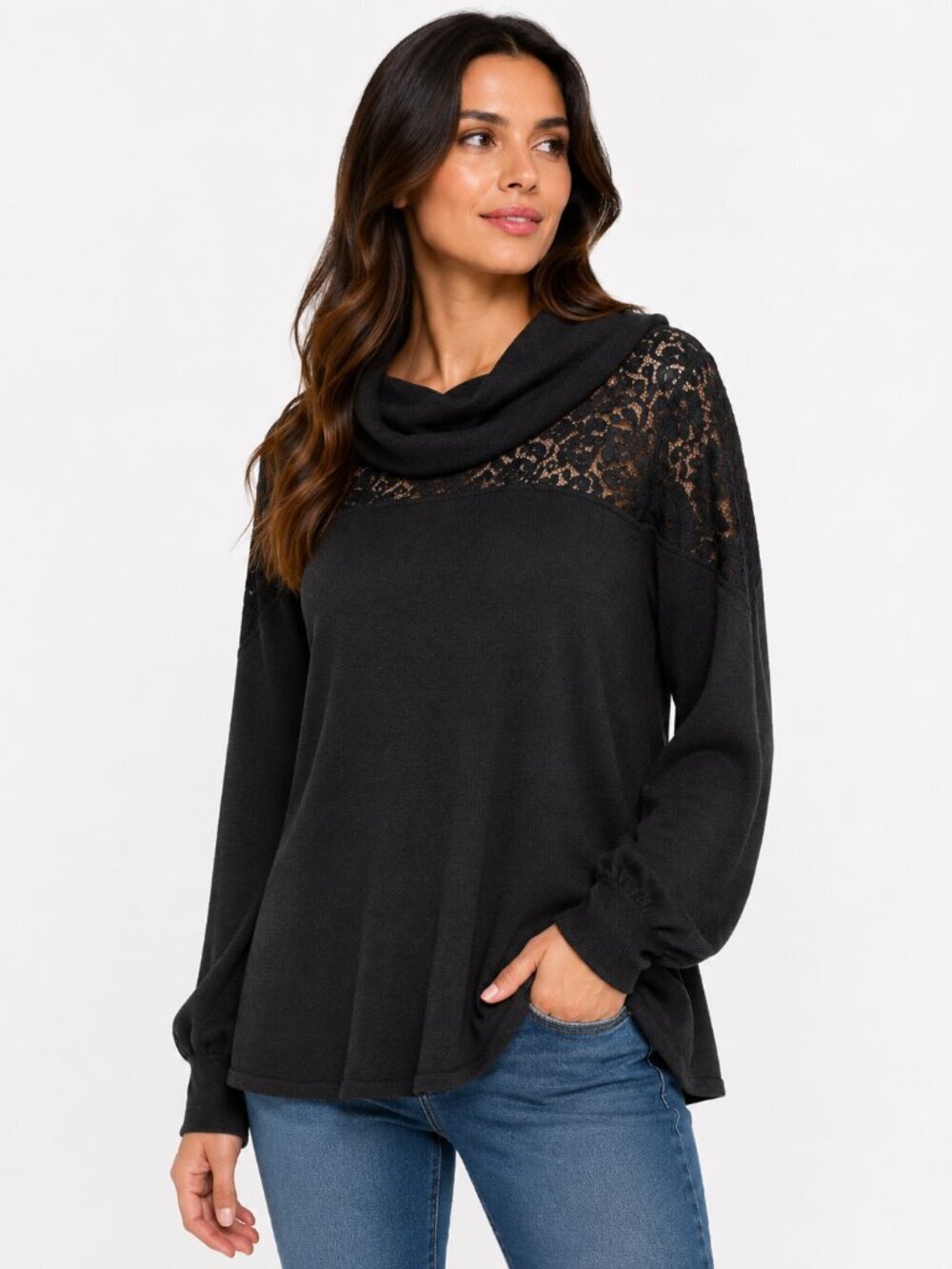 Style & Co Black Lace Yoke Cowl Neck Tunic Sweater XL NWT